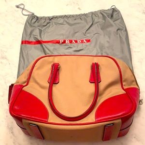 Prada Tan canvas w/red leather Canapa handbag